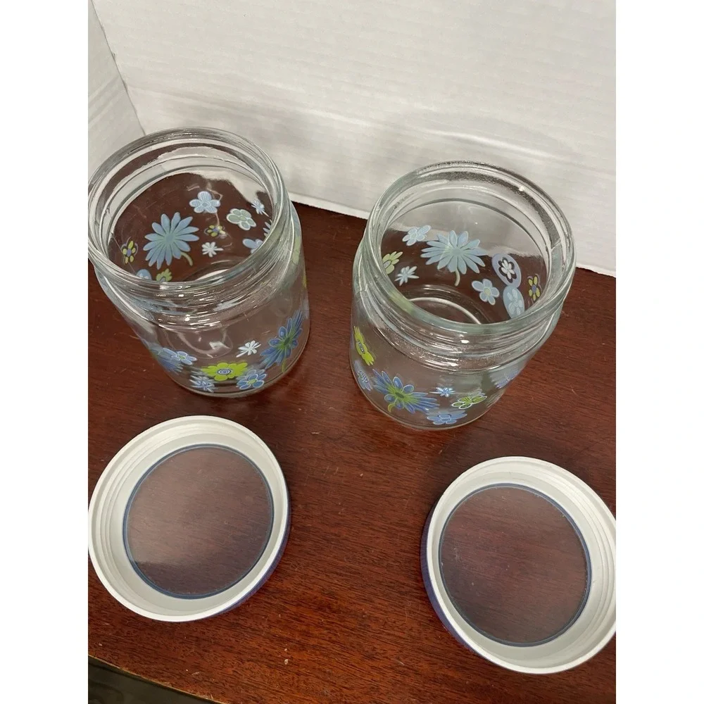 Vintage Glass Canister Jar Blue Lid Blue And Green Floral Retro Decor Set Of 2